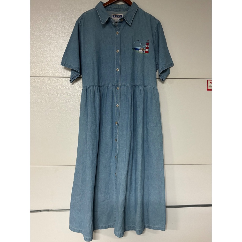 Vintage Connections Denim Maxi Dress Blue Embroidered Lighthouse Button 2XL